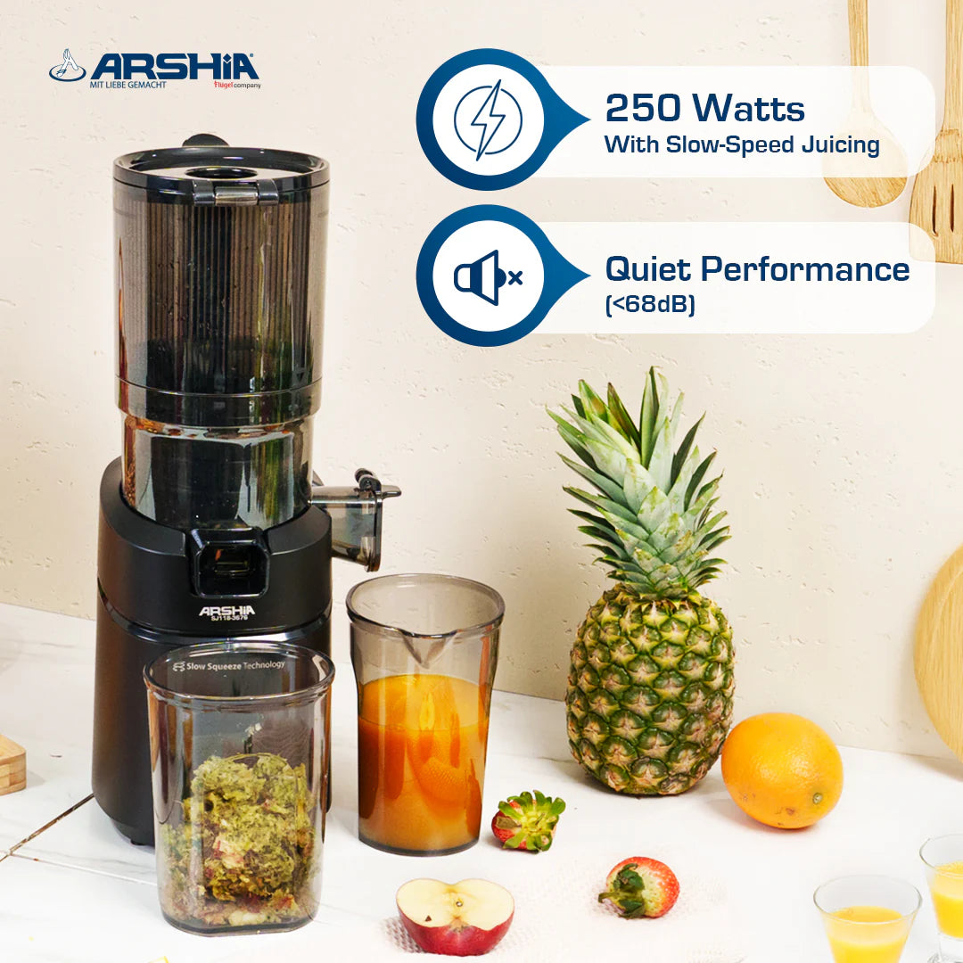 Arshia Slow Juicer 250W Cold Press, 130mm Wide Chute, Triple Filter, Grey/Black