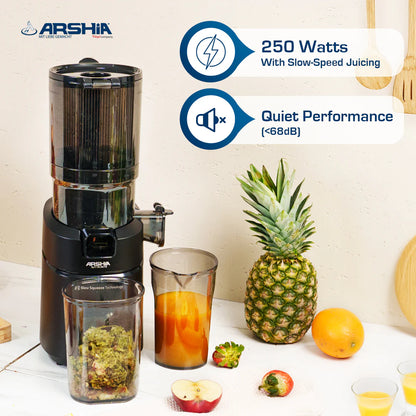 Arshia Slow Juicer 250W Cold Press, 130mm Wide Chute, Triple Filter, Grey/Black