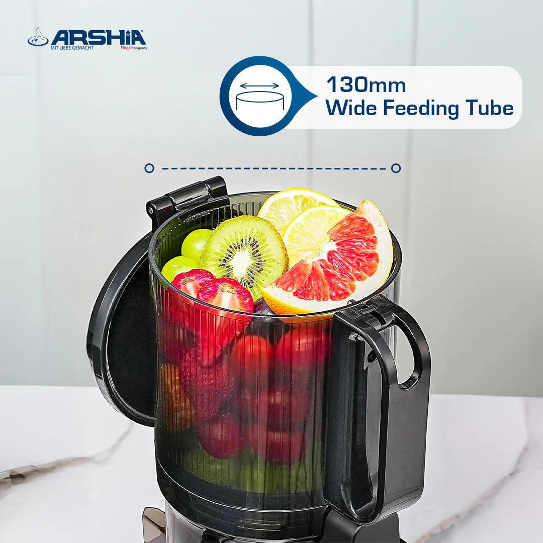 Arshia Slow Juicer 250W Cold Press, 130mm Wide Chute, Triple Filter, Grey/Black