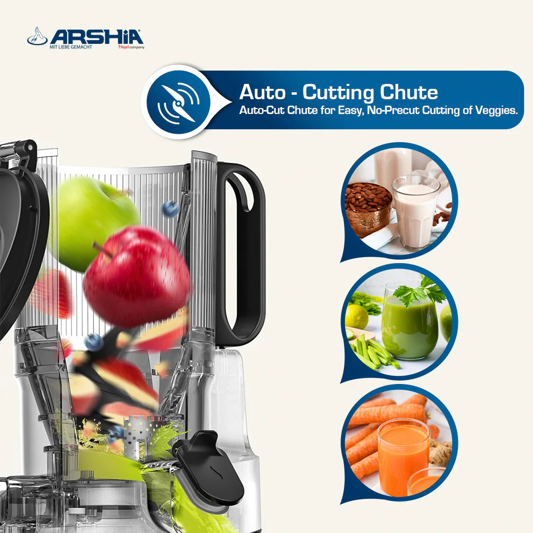 Arshia Slow Juicer 250W Cold Press, 130mm Wide Chute, Triple Filter, Grey/Black