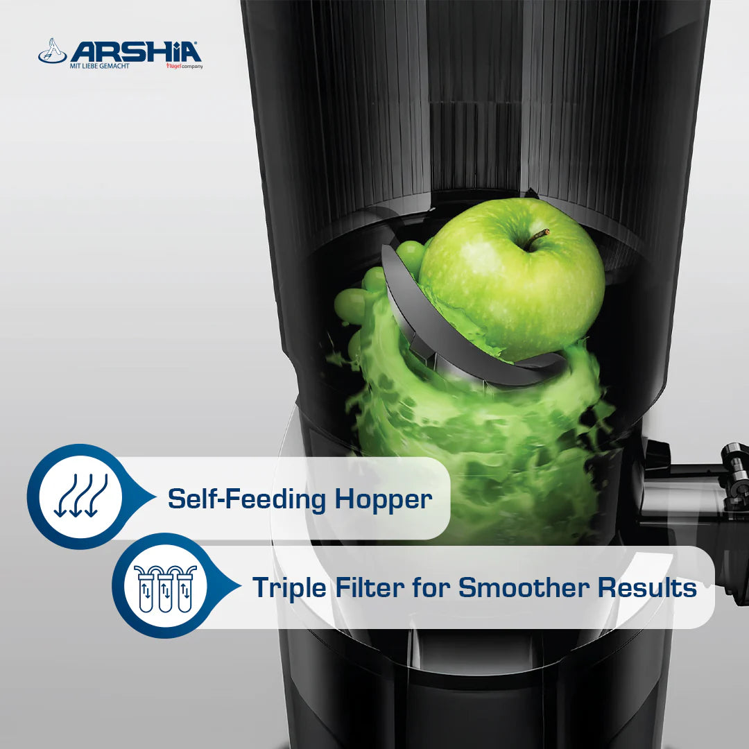 Arshia Slow Juicer 250W Cold Press, 130mm Wide Chute, Triple Filter, Grey/Black