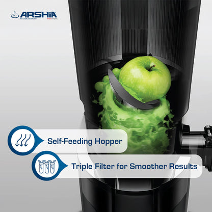 Arshia Slow Juicer 250W Cold Press, 130mm Wide Chute, Triple Filter, Grey/Black