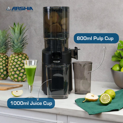 Arshia Slow Juicer 250W Cold Press, 130mm Wide Chute, Triple Filter, Grey/Black