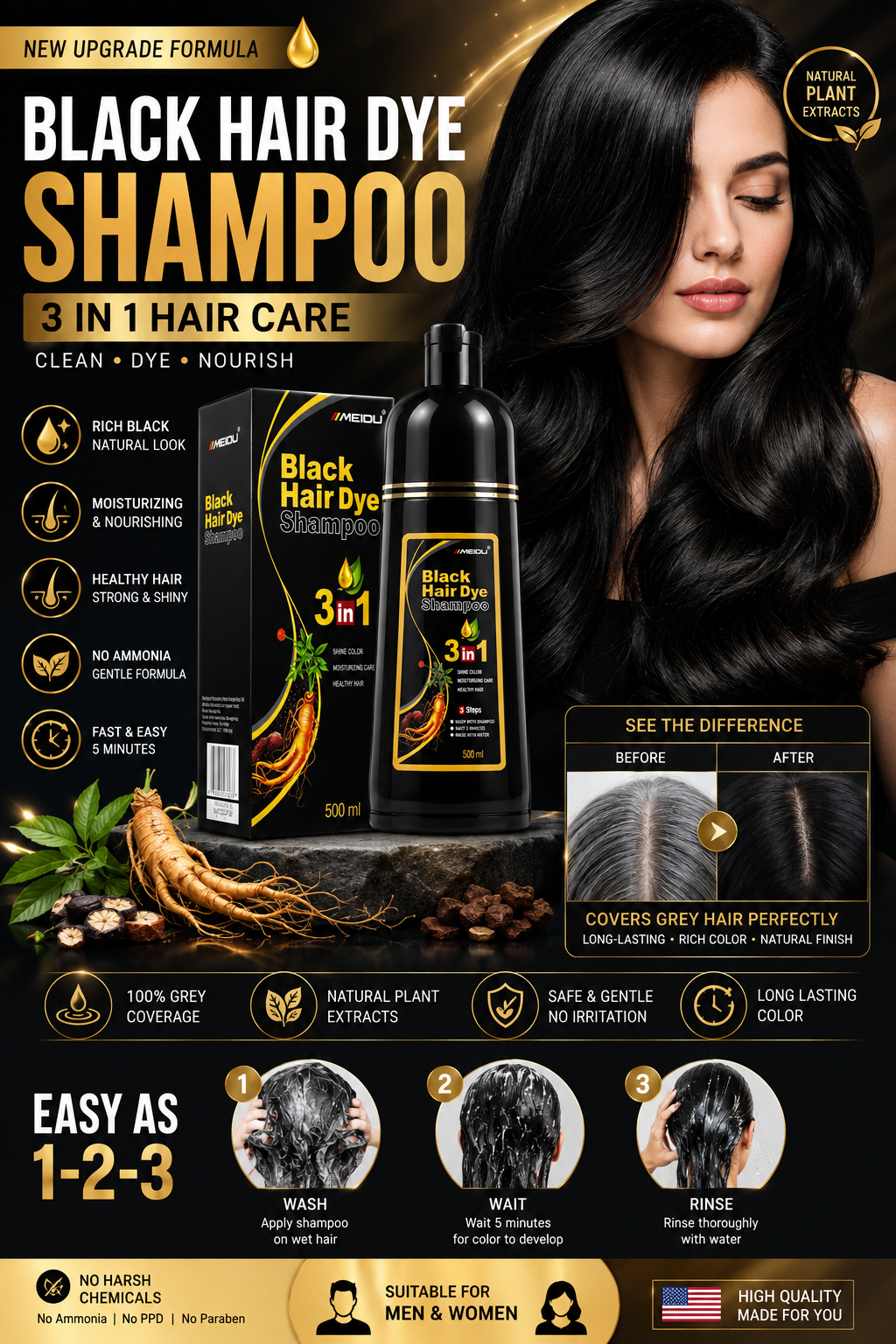 Hair Color Shampoo for Gray Hair 3 in 1 Black Hair Dye Shampoo for Women&Men Natural Herbal Safety Nourishing Hair Care Cream