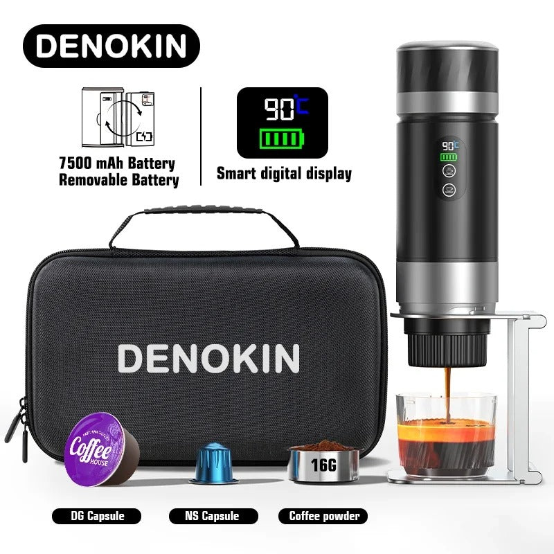 DENOKIN 3-in-1 Portable Espresso Coffee Machine With Digital Display Removable Battery for Car &amp; Home Camping Coffee Maker