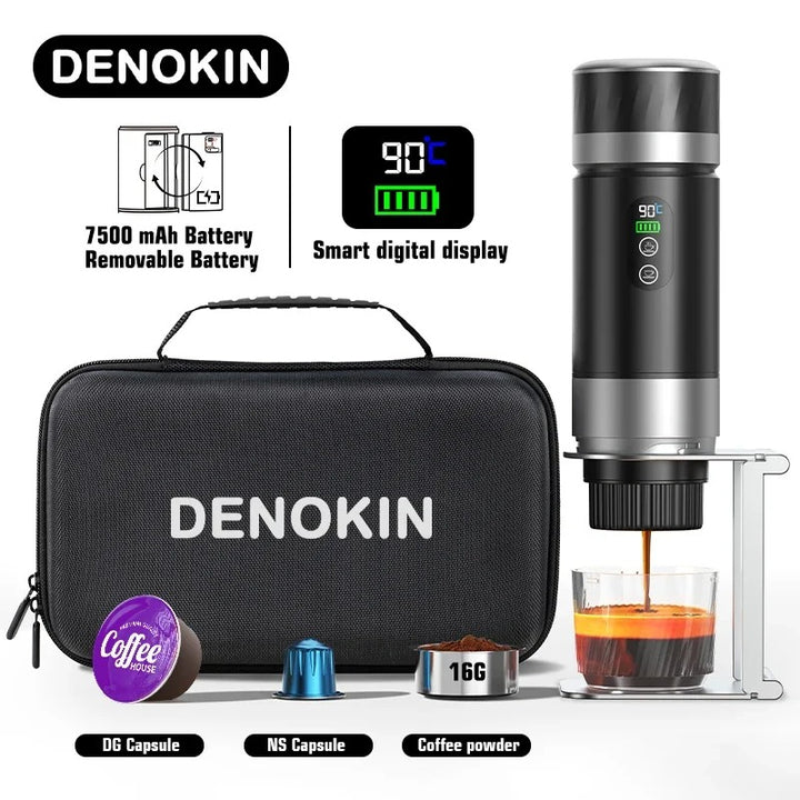 DENOKIN 3-in-1 Portable Espresso Coffee Machine With Digital Display Removable Battery for Car &amp; Home Camping Coffee Maker