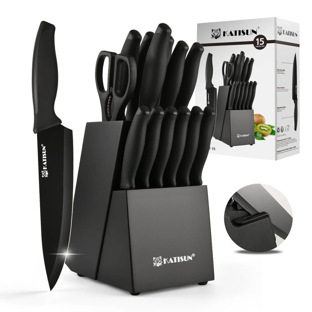 Katisun 15 Pieces Kitchen Knife Set with Block Cutting Board Sharpener German Steel Anti-Slip Handle 6 Steak Knives Black
