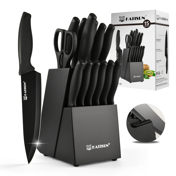 Katisun 15 Pieces Kitchen Knife Set with Block Cutting Board Sharpener German Steel Anti-Slip Handle 6 Steak Knives Black
