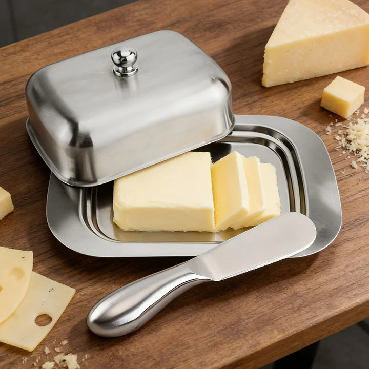 1PC Stainless Steel Butter Dish with Lid Handle Cover Design, Dessert Cheese Bread Box, Solid Cheese/Butter Container with Cover