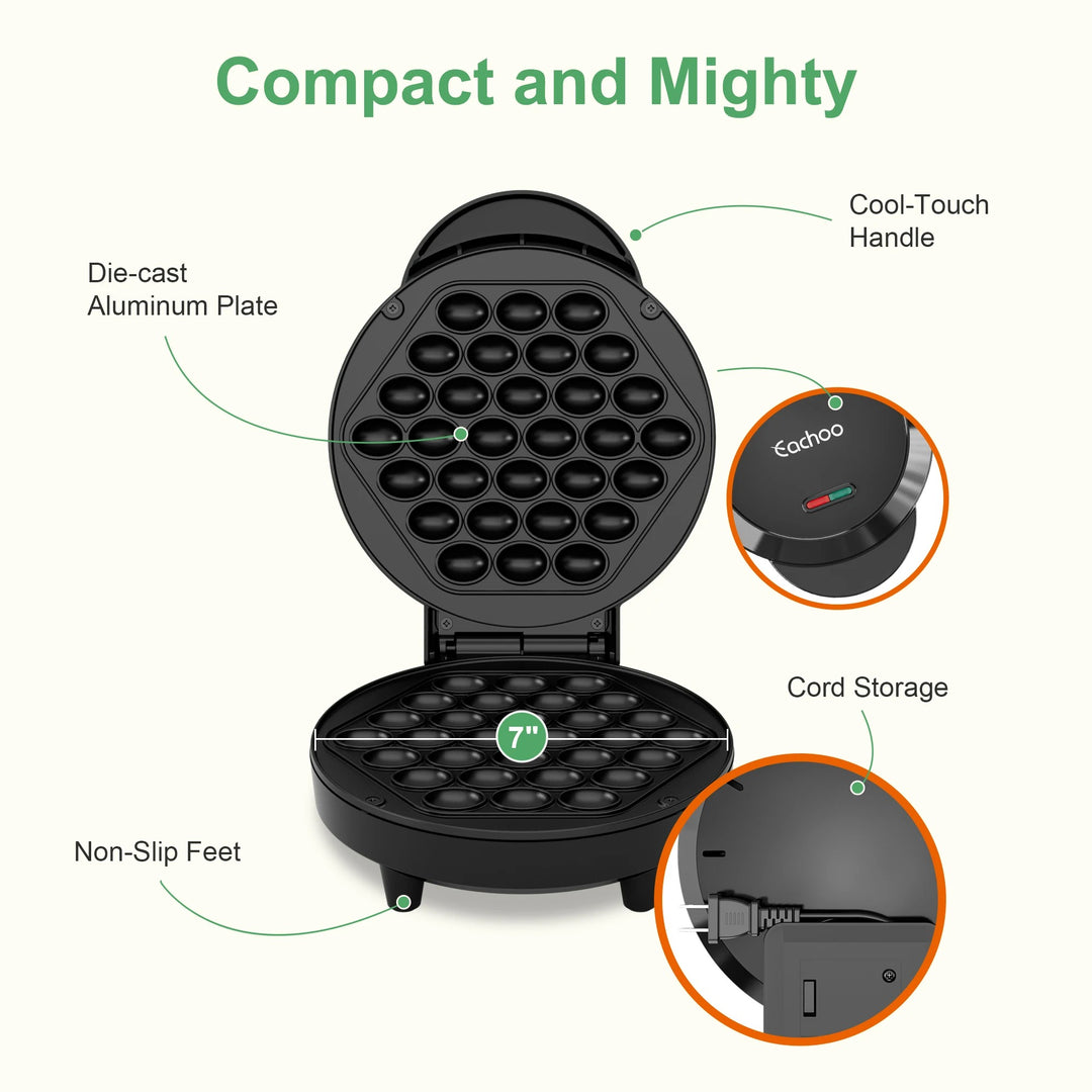 Bubble Waffle Maker, Efficient 950W Electric, 7" Non-Stick Griddle, Perfect for Creative Ice Cream Desserts