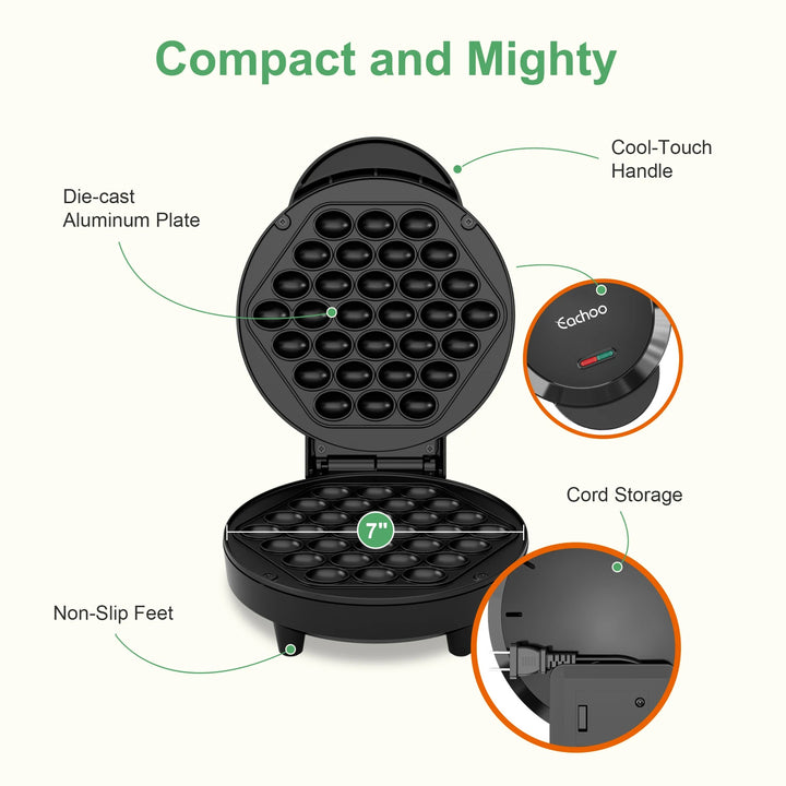 Bubble Waffle Maker, Efficient 950W Electric, 7" Non-Stick Griddle, Perfect for Creative Ice Cream Desserts