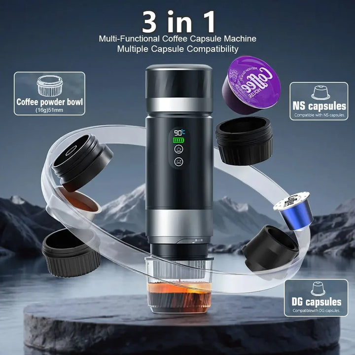 DENOKIN 3-in-1 Portable Espresso Coffee Machine With Digital Display Removable Battery for Car &amp; Home Camping Coffee Maker