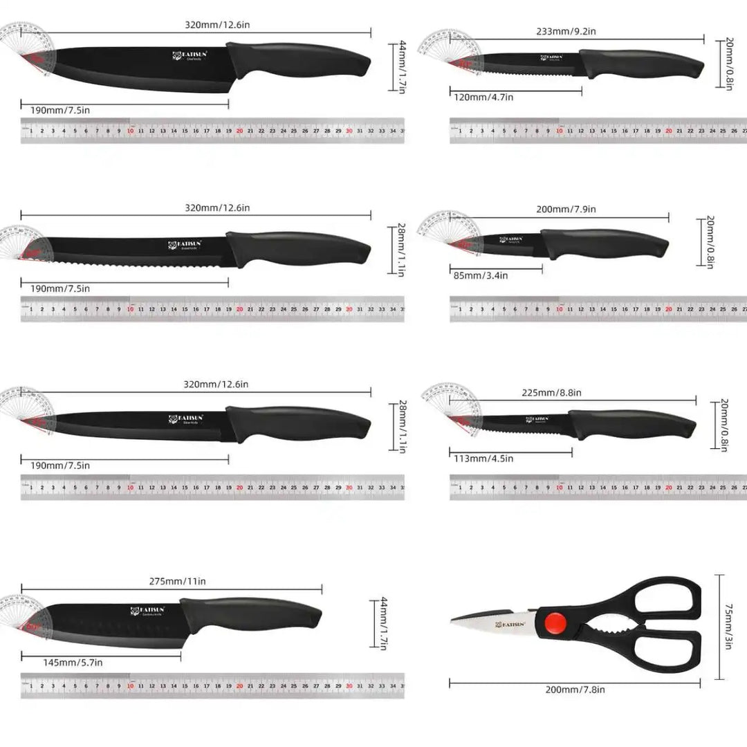 Katisun 15 Pieces Kitchen Knife Set with Block Cutting Board Sharpener German Steel Anti-Slip Handle 6 Steak Knives Black