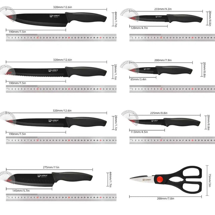 Katisun 15 Pieces Kitchen Knife Set with Block Cutting Board Sharpener German Steel Anti-Slip Handle 6 Steak Knives Black