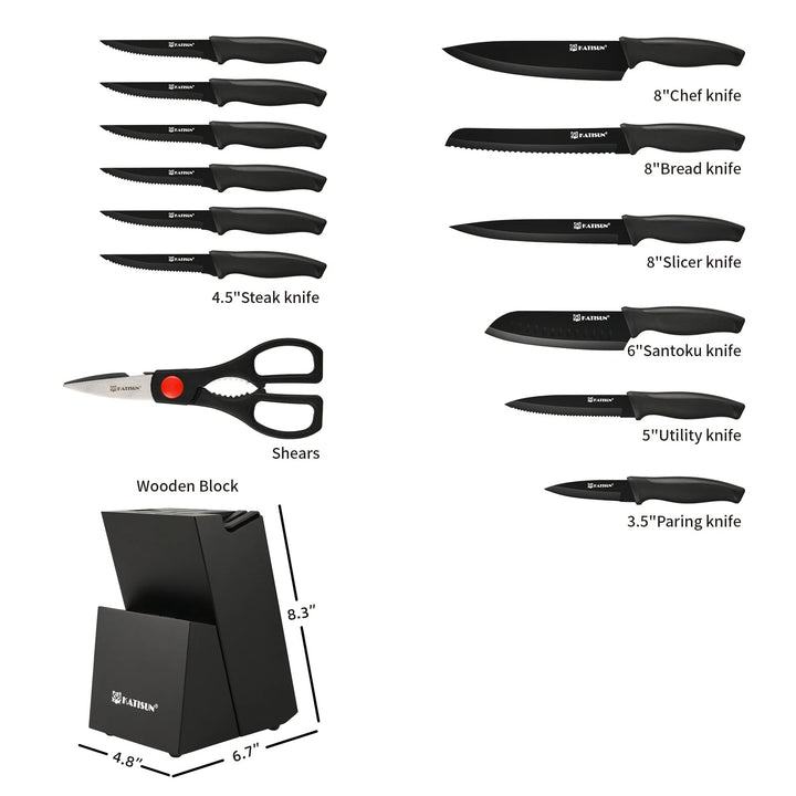 Katisun 15 Pieces Kitchen Knife Set with Block Cutting Board Sharpener German Steel Anti-Slip Handle 6 Steak Knives Black