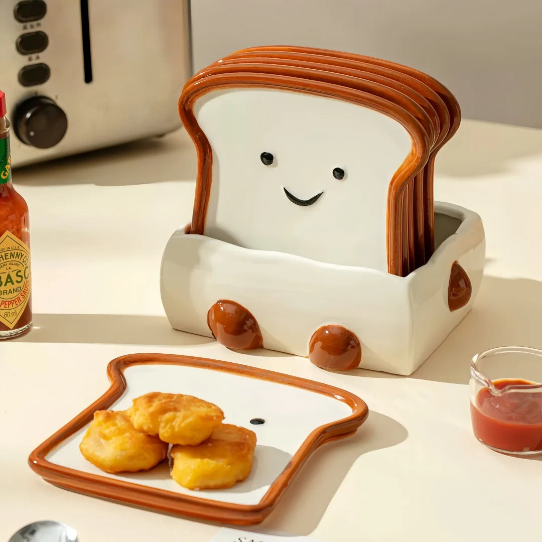 Cute Toast-Shaped Ceramic Dish Set (7 Pieces) with Smiling Faces and Storage Box – Kawaii-Style Fruit and Dessert Plates for Breakfast or Afternoon Tea – Kitchen Decor &amp; Tableware