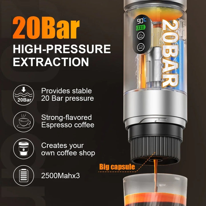 DENOKIN 3-in-1 Portable Espresso Coffee Machine With Digital Display Removable Battery for Car &amp; Home Camping Coffee Maker