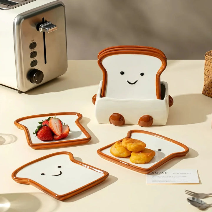 Cute Toast-Shaped Ceramic Dish Set (7 Pieces) with Smiling Faces and Storage Box – Kawaii-Style Fruit and Dessert Plates for Breakfast or Afternoon Tea – Kitchen Decor &amp; Tableware
