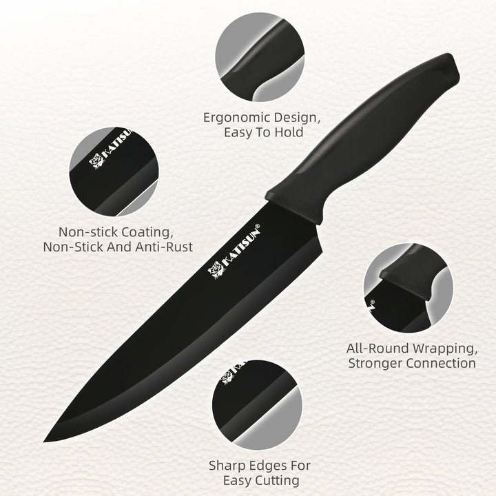 Katisun 15 Pieces Kitchen Knife Set with Block Cutting Board Sharpener German Steel Anti-Slip Handle 6 Steak Knives Black