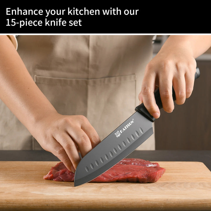 Katisun 15 Pieces Kitchen Knife Set with Block Cutting Board Sharpener German Steel Anti-Slip Handle 6 Steak Knives Black