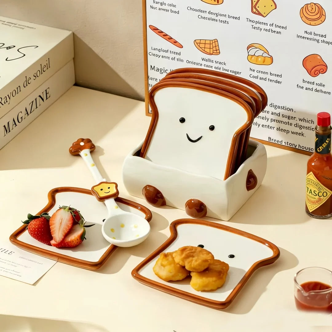Cute Toast-Shaped Ceramic Dish Set (7 Pieces) with Smiling Faces and Storage Box – Kawaii-Style Fruit and Dessert Plates for Breakfast or Afternoon Tea – Kitchen Decor &amp; Tableware