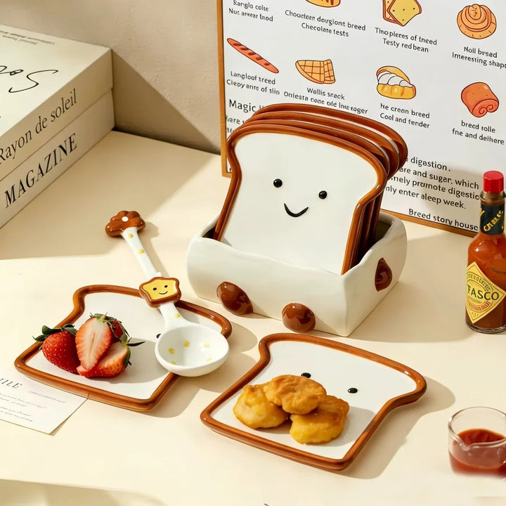 Cute Toast-Shaped Ceramic Dish Set (7 Pieces) with Smiling Faces and Storage Box – Kawaii-Style Fruit and Dessert Plates for Breakfast or Afternoon Tea – Kitchen Decor &amp; Tableware