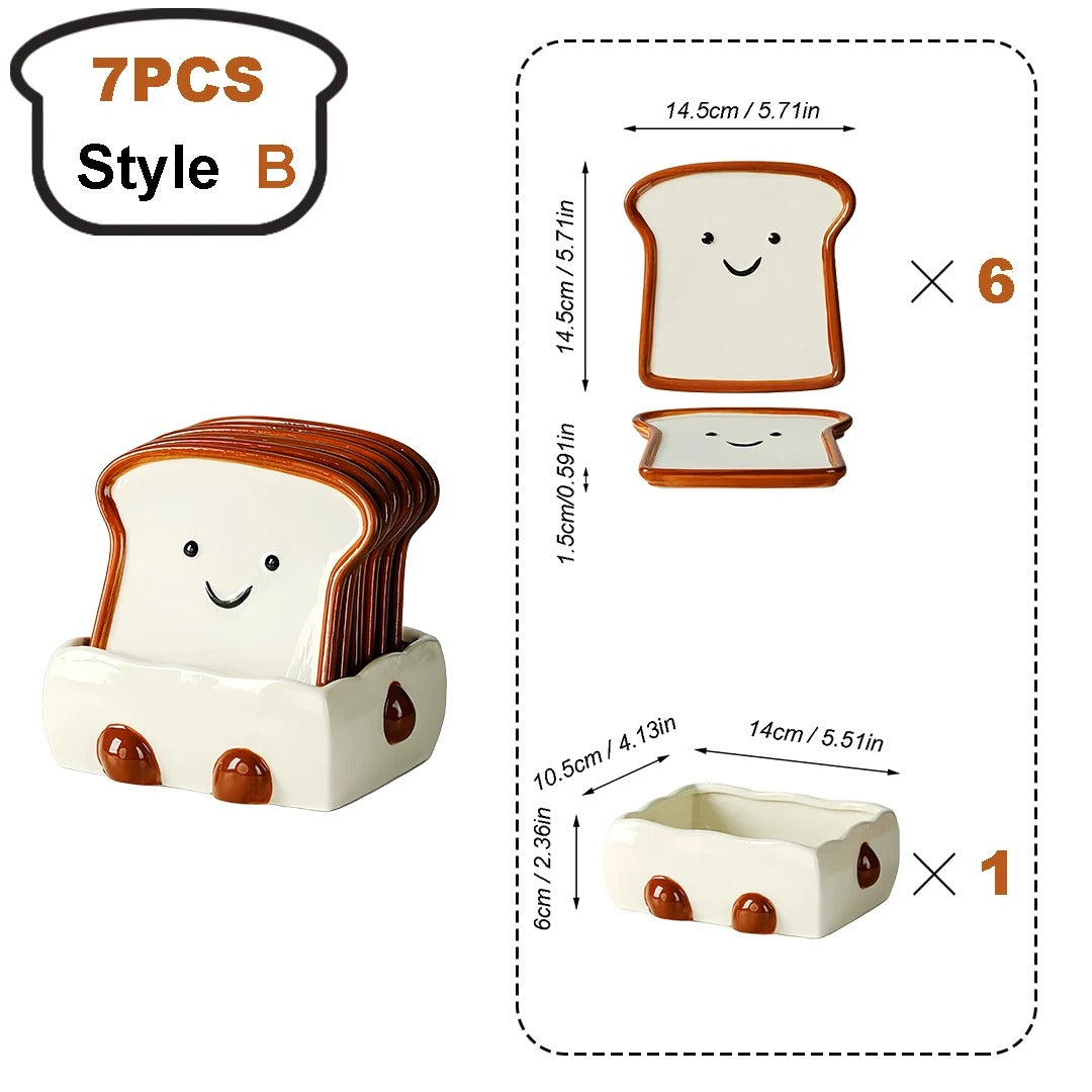 Cute Toast-Shaped Ceramic Dish Set (7 Pieces) with Smiling Faces and Storage Box – Kawaii-Style Fruit and Dessert Plates for Breakfast or Afternoon Tea – Kitchen Decor &amp; Tableware