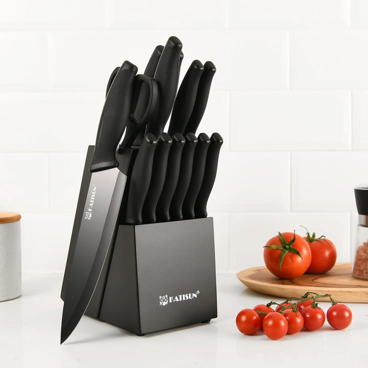 Katisun 15 Pieces Kitchen Knife Set with Block Cutting Board Sharpener German Steel Anti-Slip Handle 6 Steak Knives Black