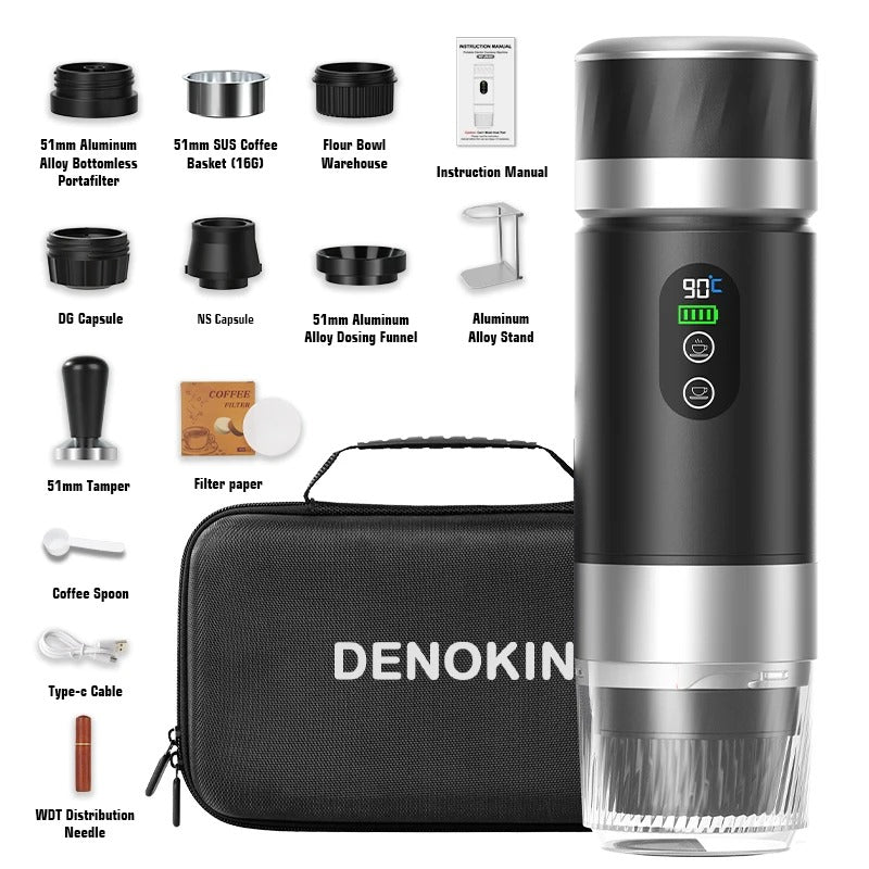 DENOKIN 3-in-1 Portable Espresso Coffee Machine With Digital Display Removable Battery for Car &amp; Home Camping Coffee Maker