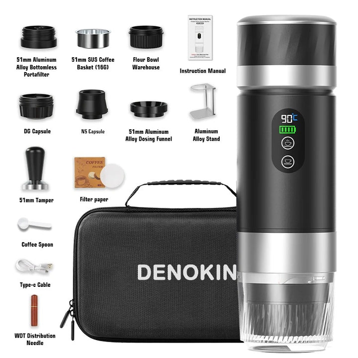 DENOKIN 3-in-1 Portable Espresso Coffee Machine With Digital Display Removable Battery for Car &amp; Home Camping Coffee Maker