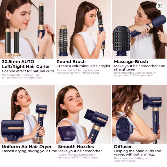 UKLISS Hair Dryer Brush 7 in 1, Air Styler Set with Curling Iron, Round Brush, Straightener for Women